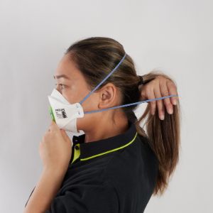 Pull the top strap resting it high over the crown of your head. Pull the bottom strap over your head then position it around your neck and below your ears.Straps must not be twisted.  Adjust nose and chin panels  for a comfortable fit, ensuring panels are not folded in.