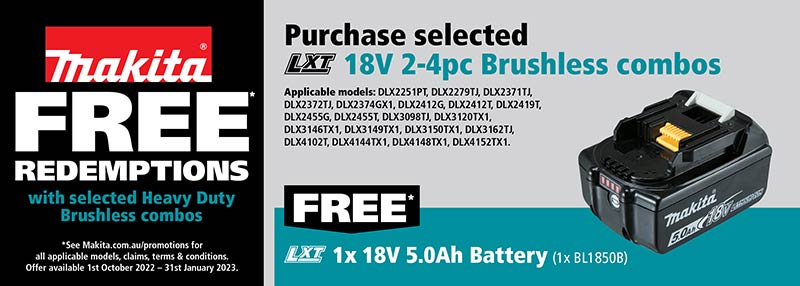 Purchase selected 18V 2-4 Piece Brushless Combos and Redeem an 18V 5.0Ah Battery