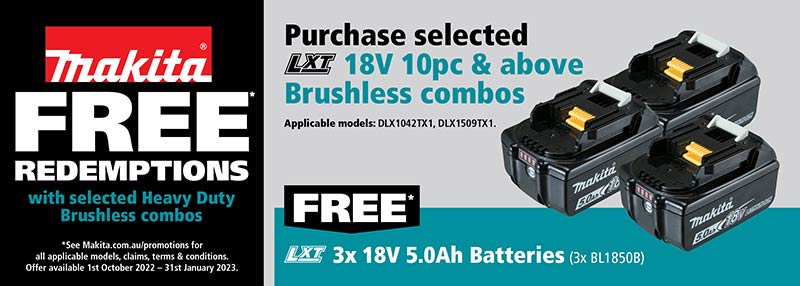 Purchase selected 18V 10 Piece and above Brushless Combos and Redeem 3 x 18V 5.0Ah Batteries